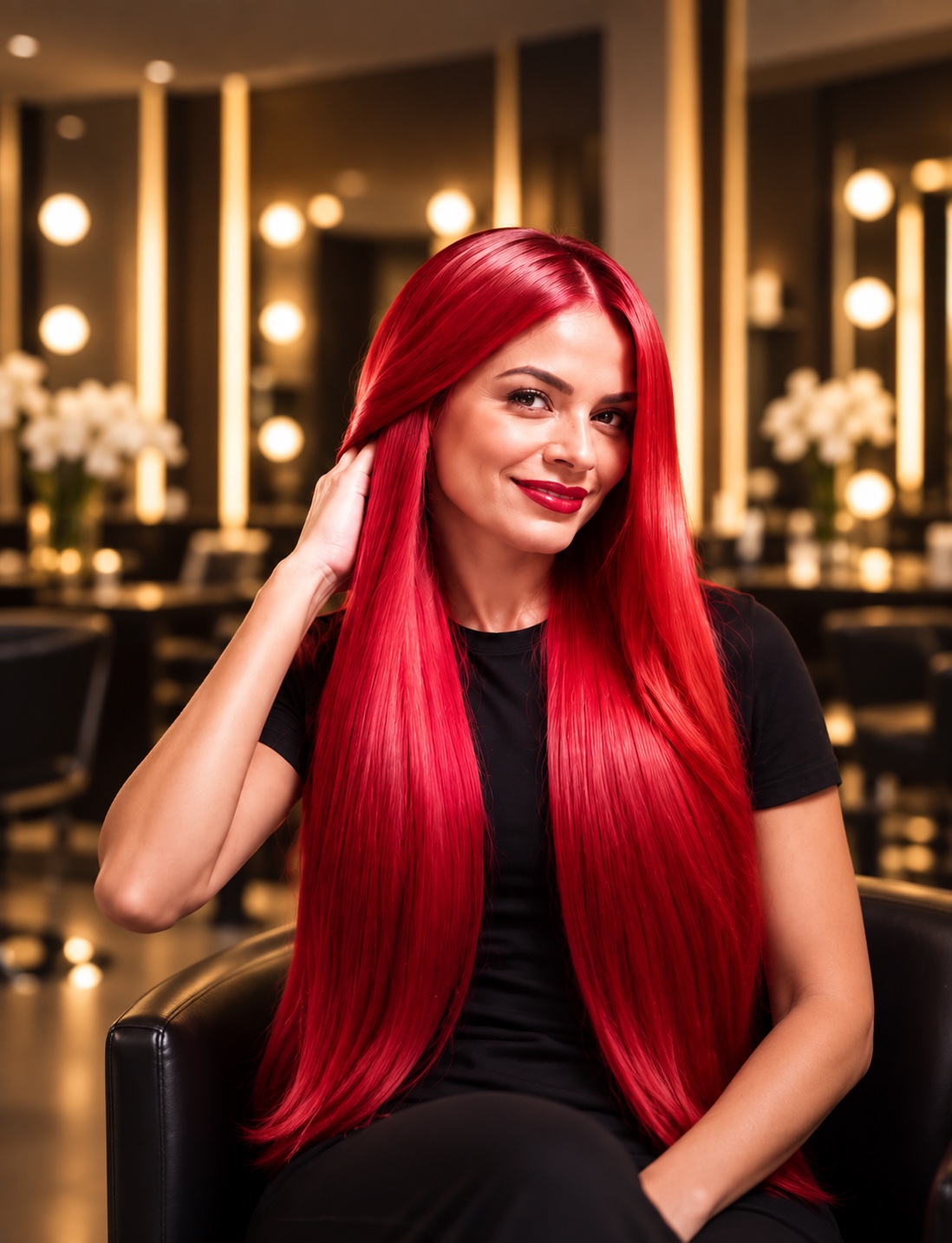 Resultado de transformación capilar — cabello rojo intenso
